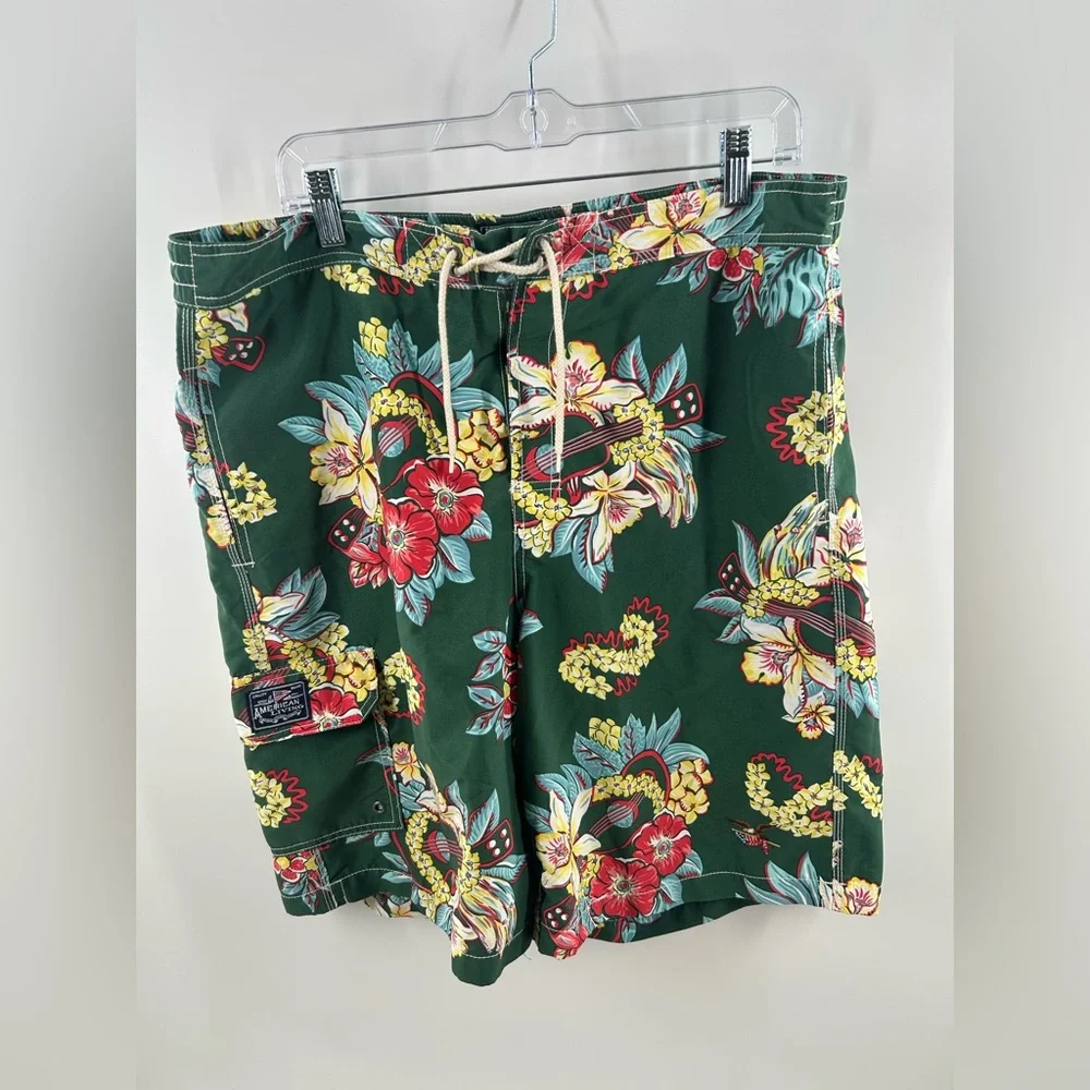 American‎ Living Men's Green Floral Swim Trunks with Drawstring Waist Size XL